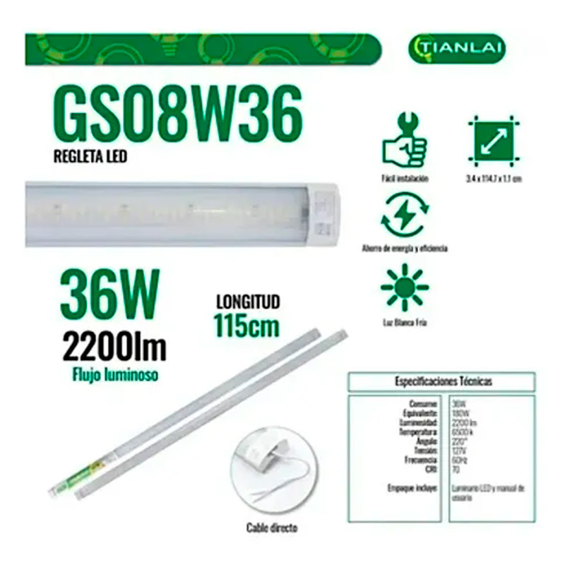 Tubo LED 36W Luz Blanca Fría - GS08W36 - Image 2