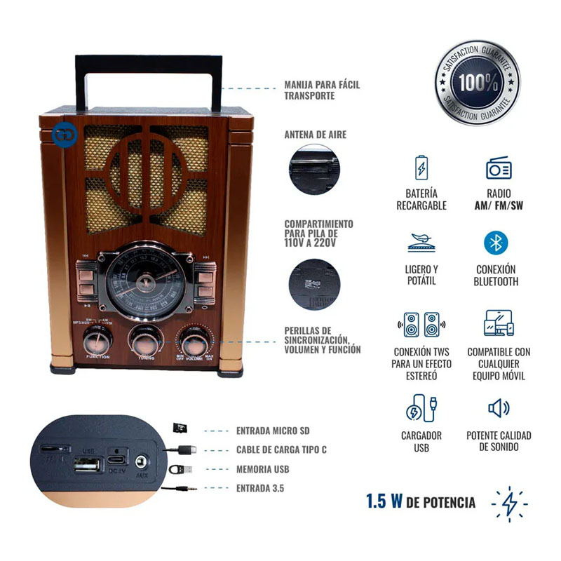 Bocina Vintage Radio AM/FM, Bluetooth, USB - RD-250 - Image 2